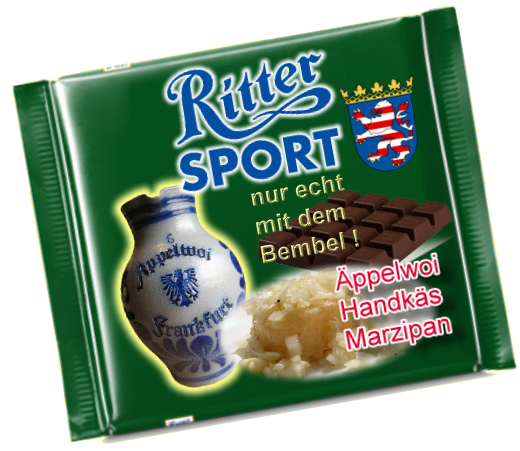 Ritter-Sport für Hessen, Äppelwoi, Handkäs, Frankfurt, Bembel, Schoki, Schoggi, Schokolade